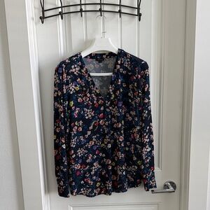 Ann Taylor Floral V-Neck Blouse - Dark Blue